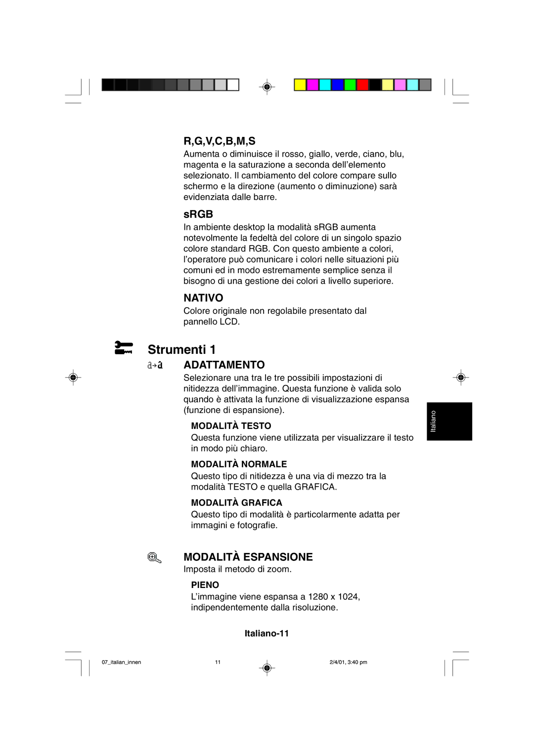 NEC LCD1850X user manual Strumenti, Adattamento, Modalità Espansione, Italiano-11 