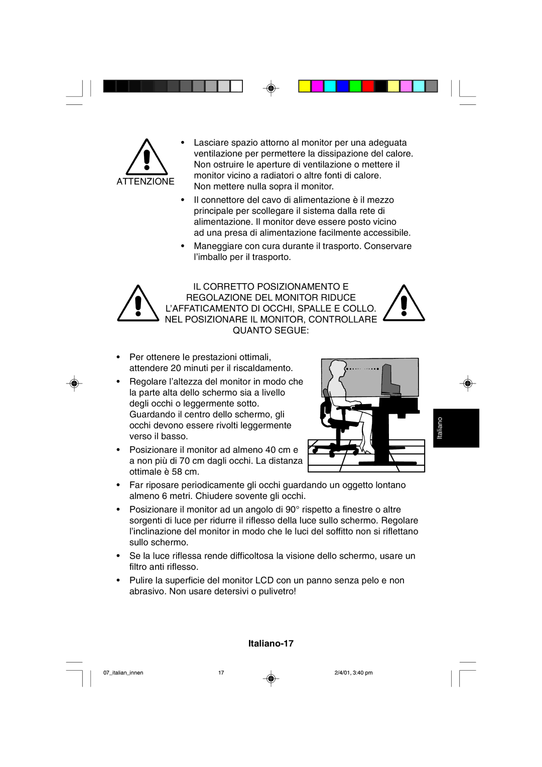 NEC LCD1850X user manual Attenzione, Italiano-17 