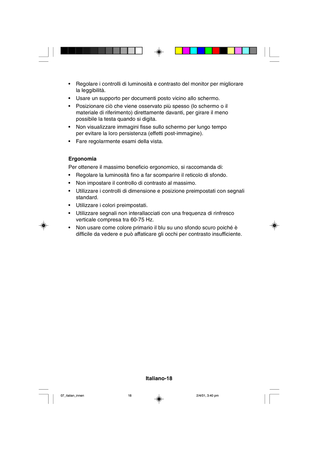 NEC LCD1850X user manual Ergonomia, Italiano-18 