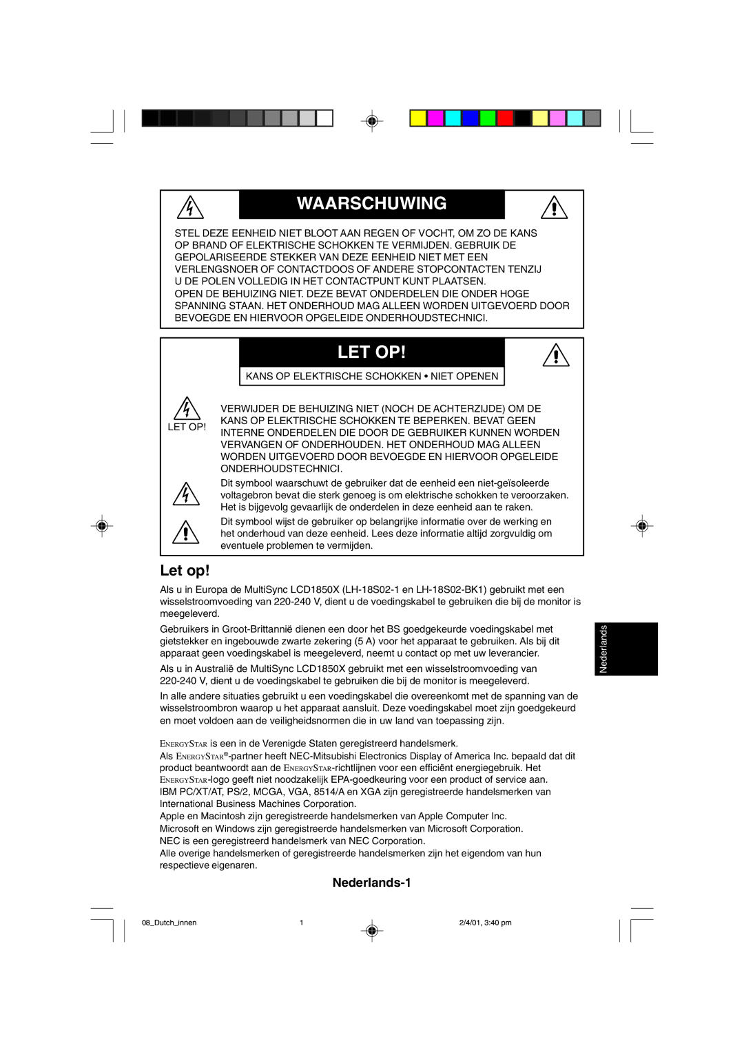 NEC LCD1850X user manual Waarschuwing, Nederlands-1 