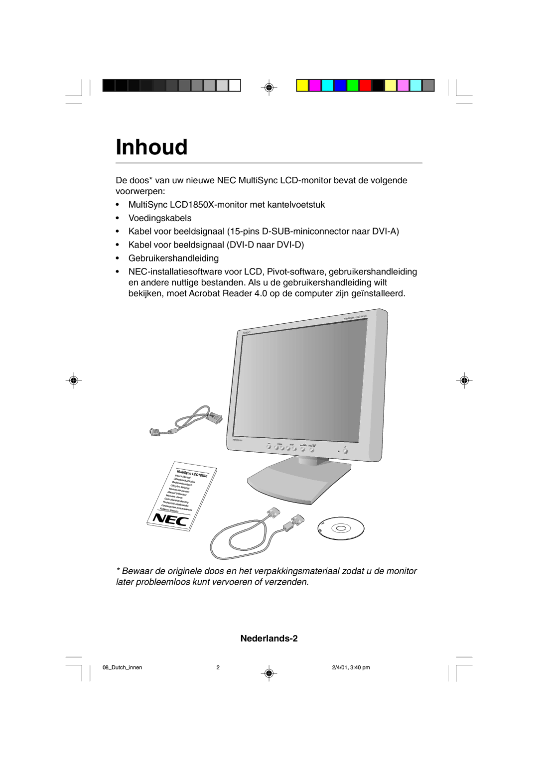 NEC LCD1850X user manual Inhoud, Nederlands-2 