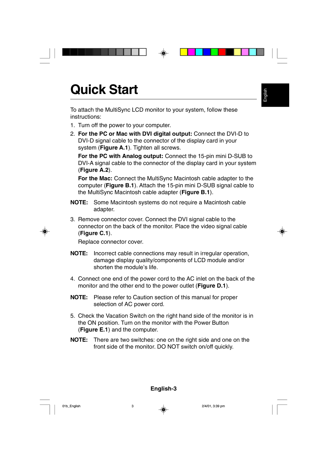 NEC LCD1850X user manual Quick Start, English-3 