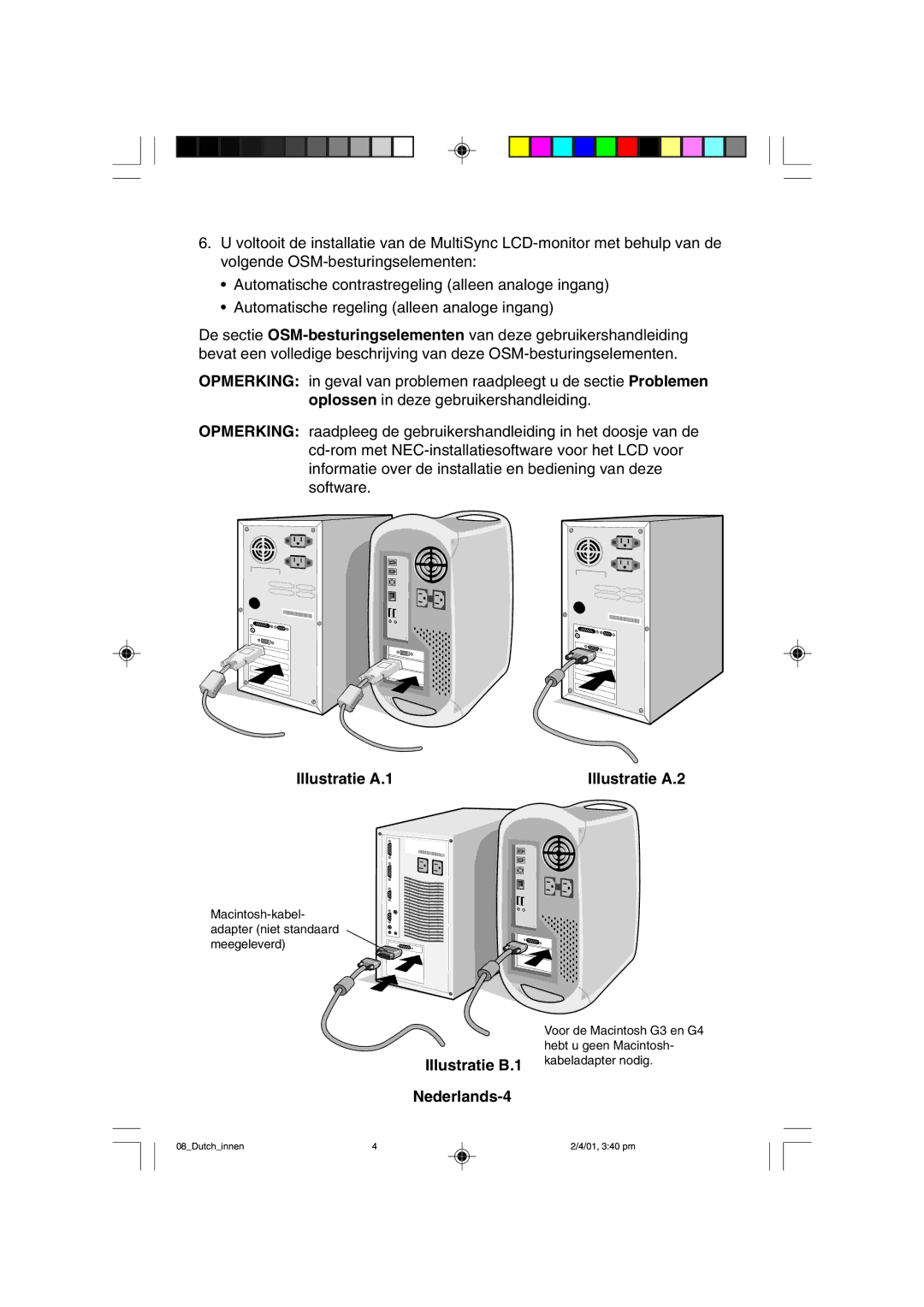 NEC LCD1850X user manual Illustratie A.1 Illustratie A.2, Illustratie B.1 Nederlands-4 