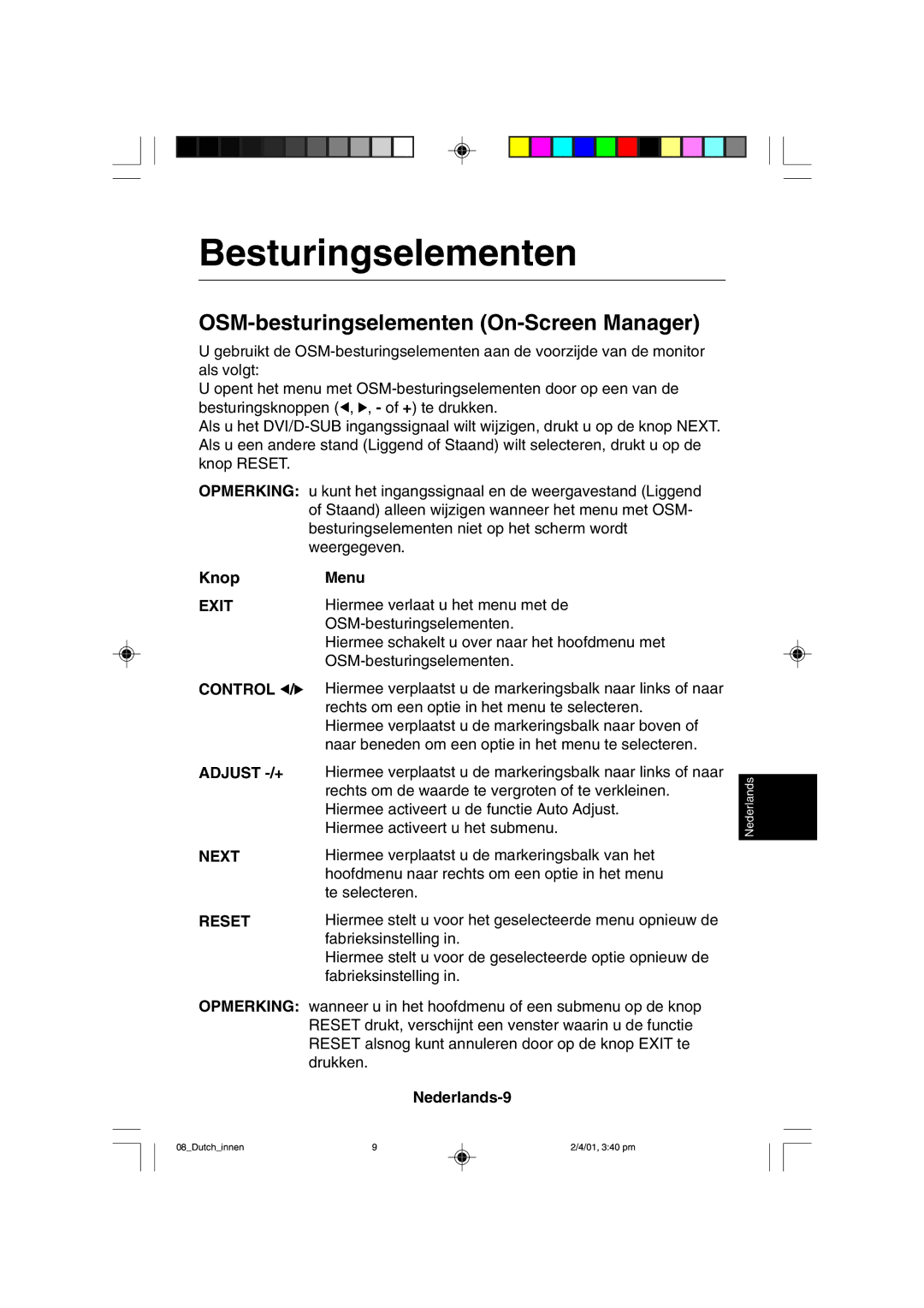 NEC LCD1850X user manual Besturingselementen, OSM-besturingselementen On-Screen Manager, Knop, Nederlands-9 