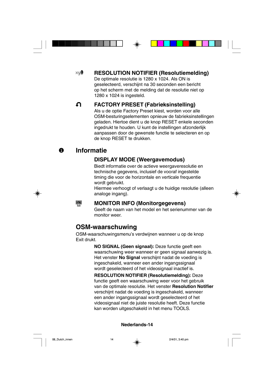 NEC LCD1850X user manual Informatie, OSM-waarschuwing 