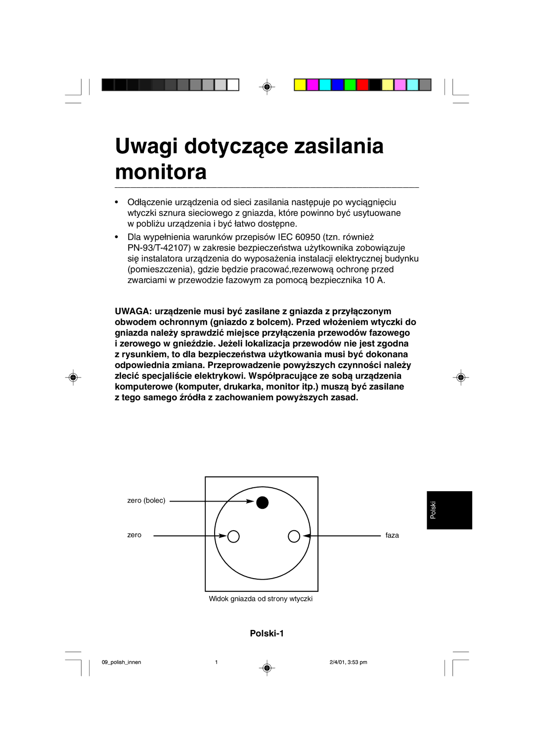 NEC LCD1850X user manual Uwagi dotyczàce zasilania monitora 