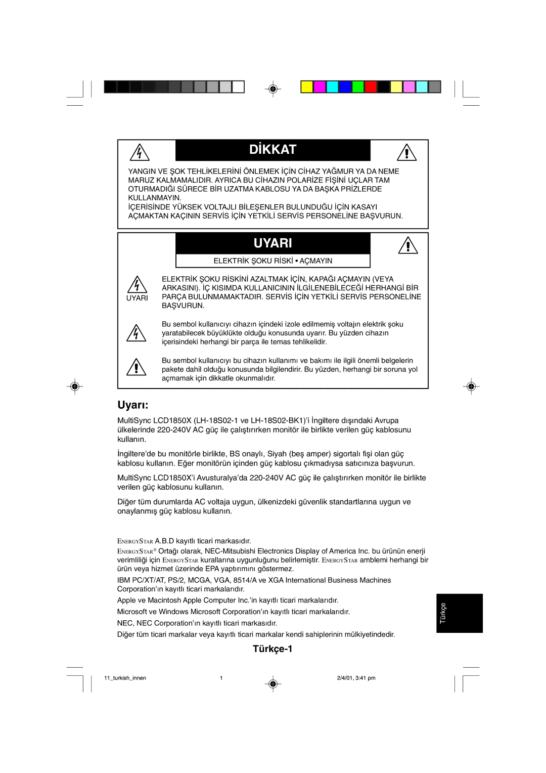 NEC LCD1850X user manual Uyari 