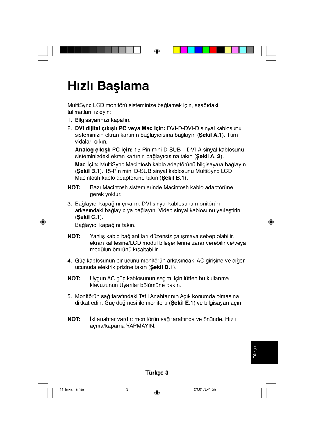 NEC LCD1850X user manual ∂zl∂ Baµlama 