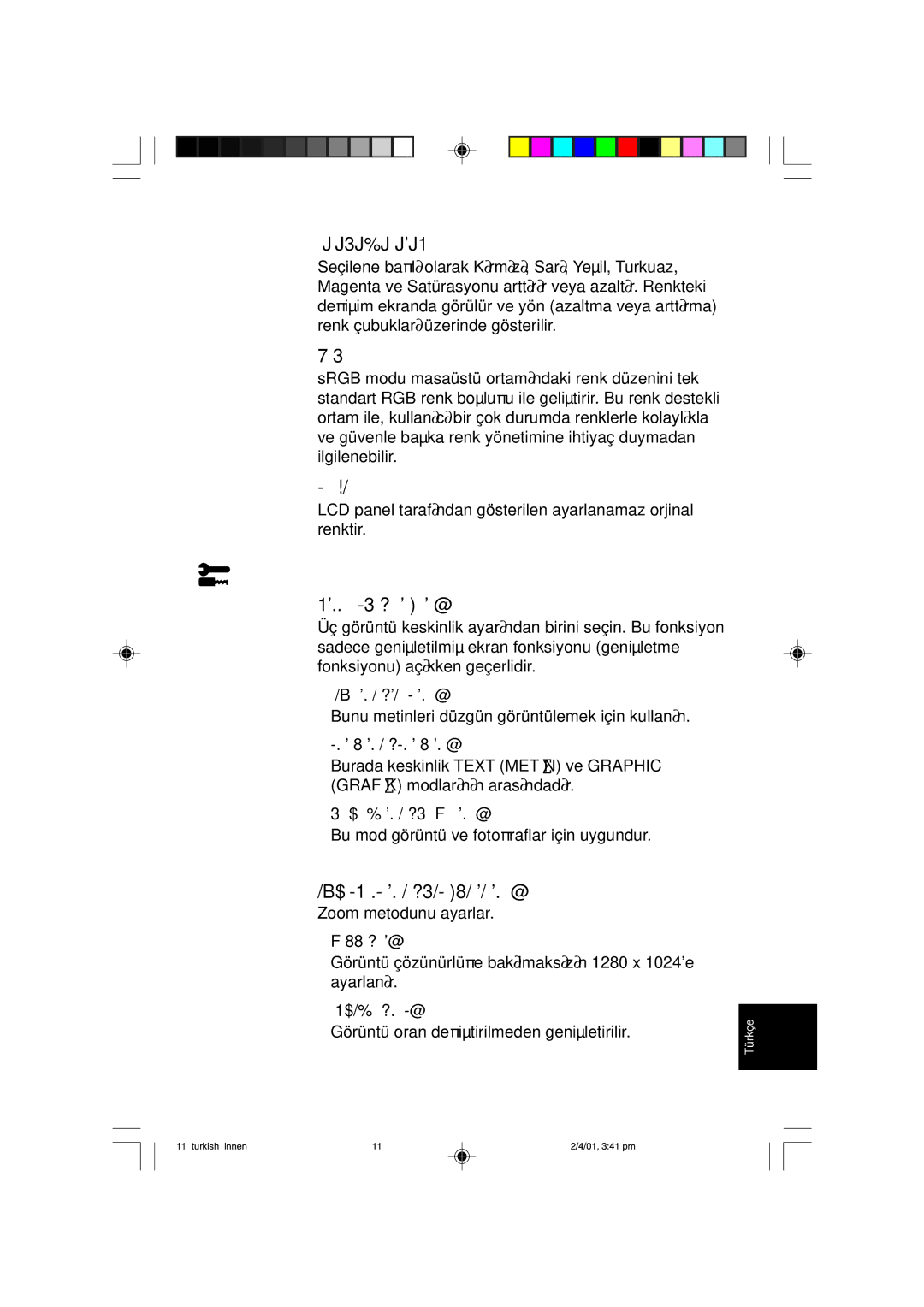 NEC LCD1850X user manual Araçlar, G,C,B,M,S 