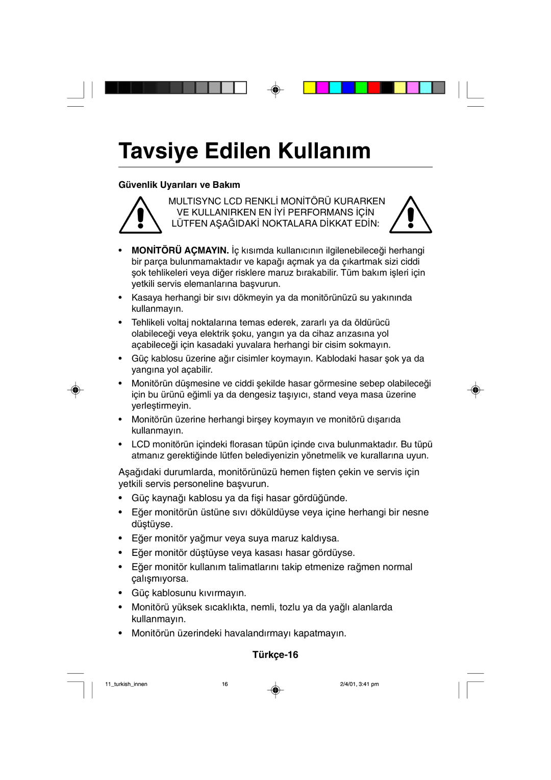 NEC LCD1850X user manual Tavsiye Edilen Kullan∂m 