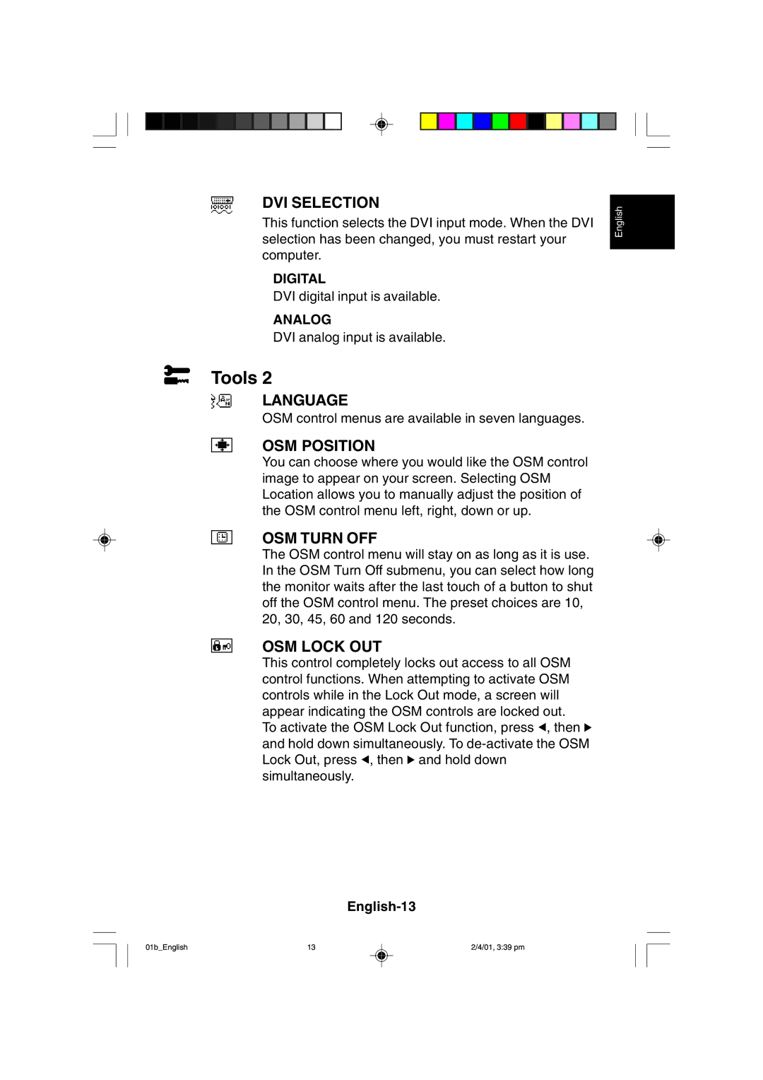 NEC LCD1850X user manual DVI Selection, Language, OSM Position, OSM Turn OFF, OSM Lock OUT 