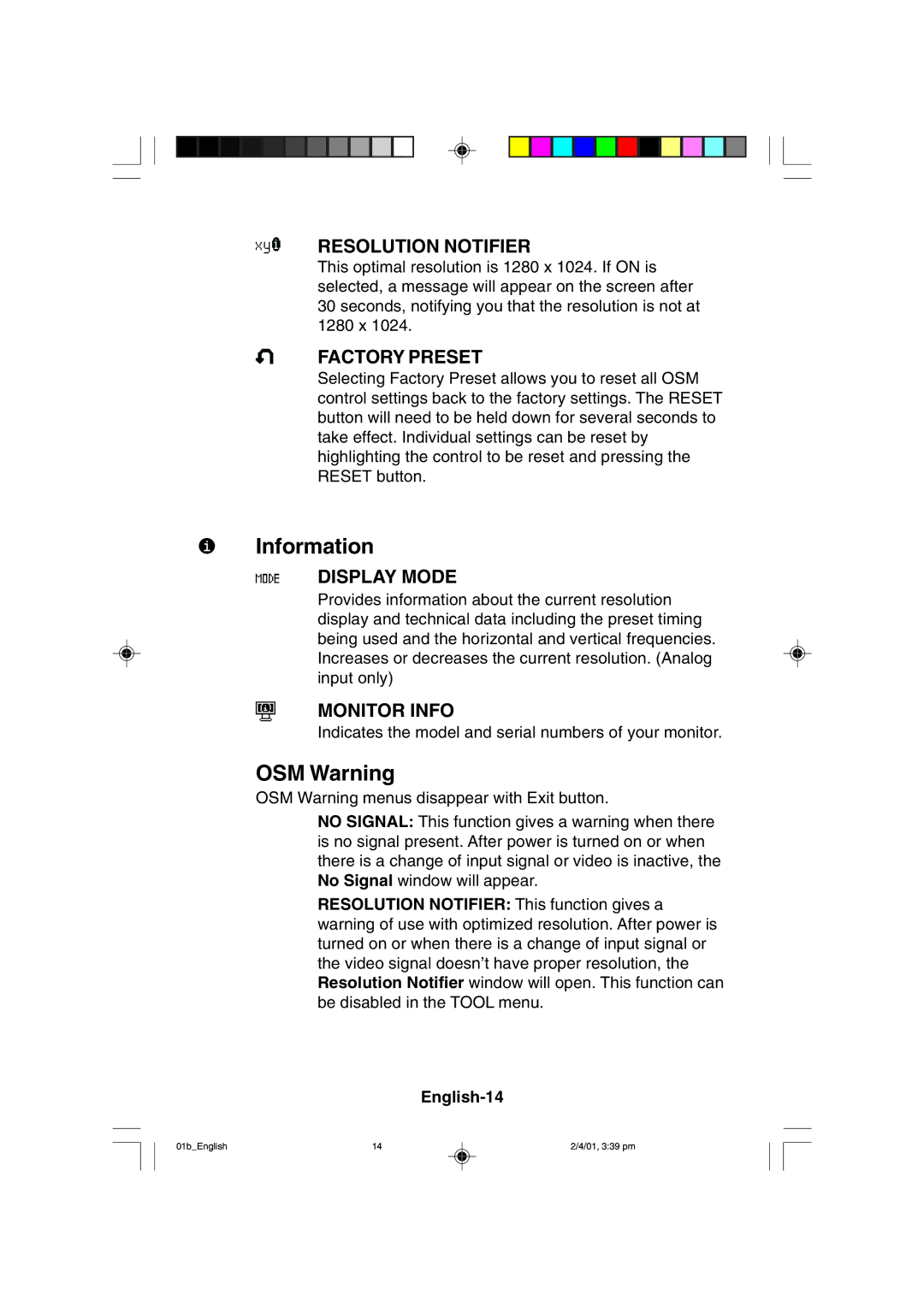 NEC LCD1850X user manual Information, OSM Warning 