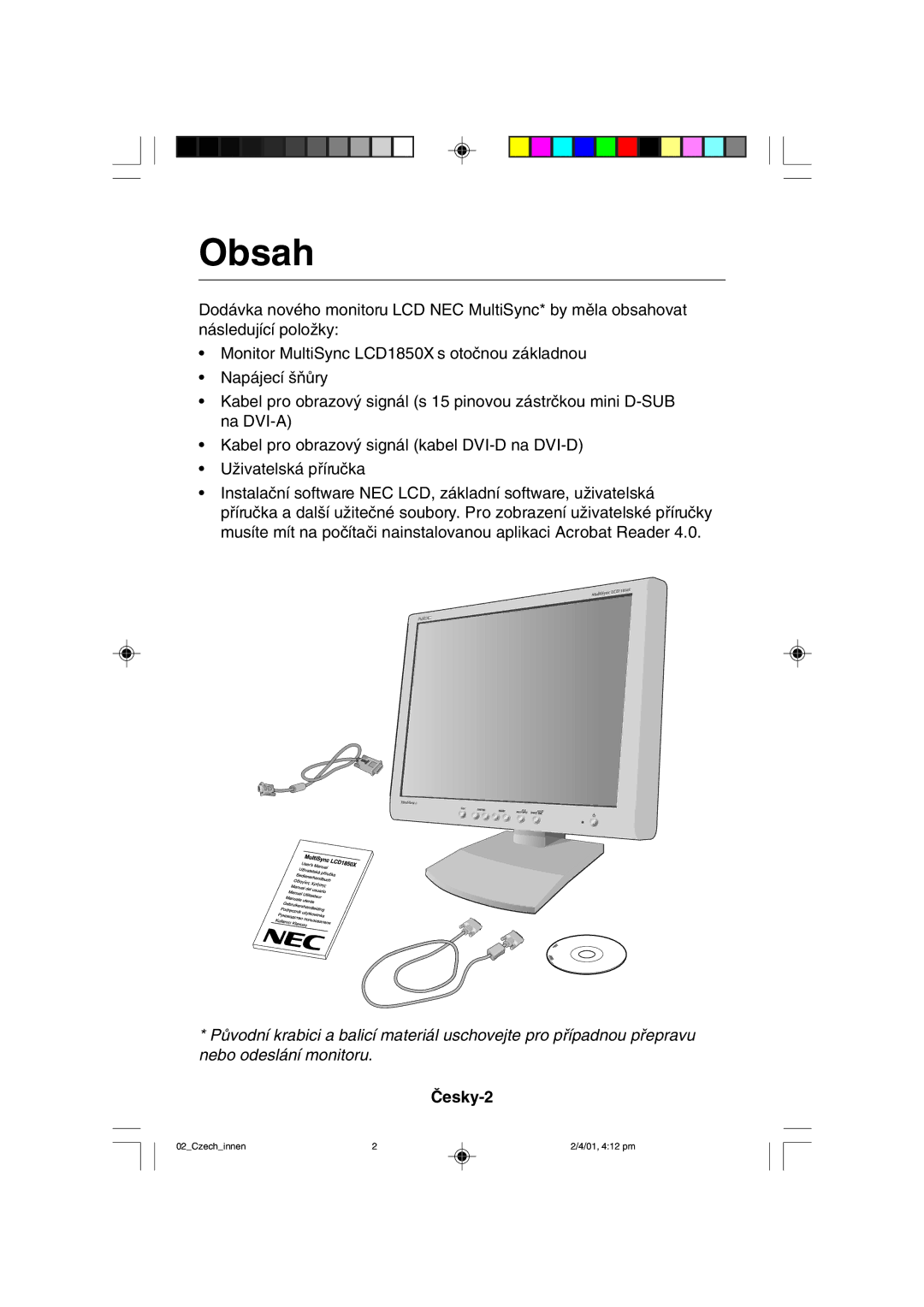 NEC LCD1850X user manual Obsah 