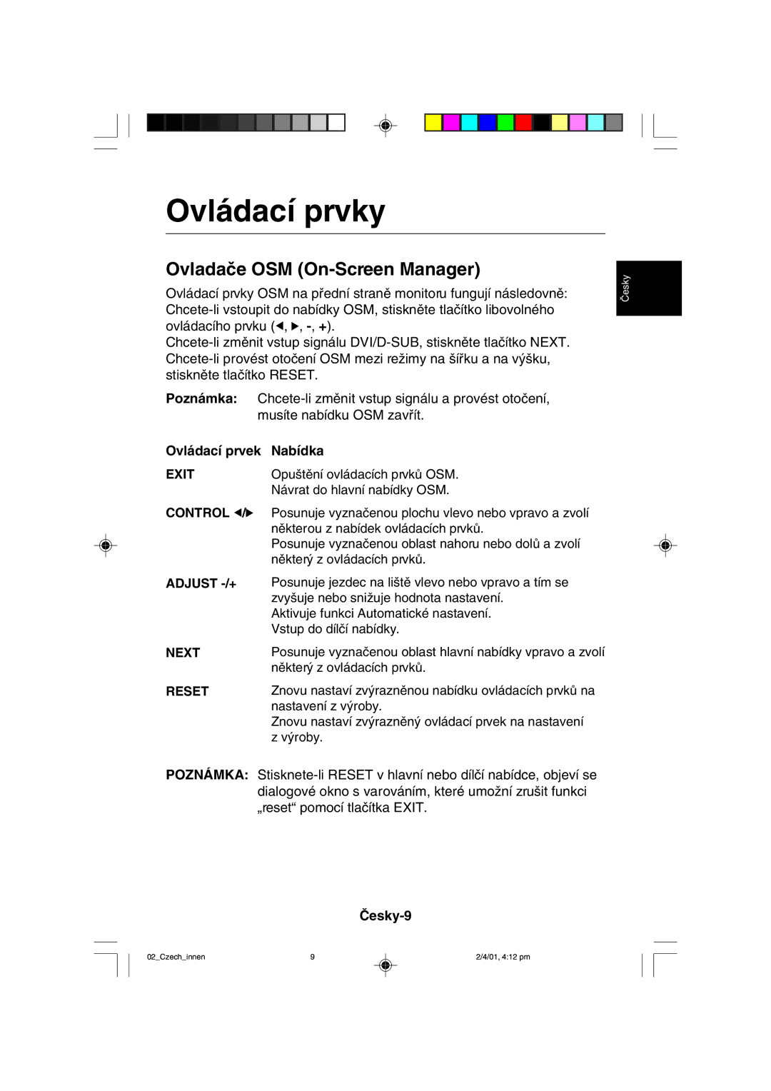 NEC LCD1850X user manual Ovládací prvky 