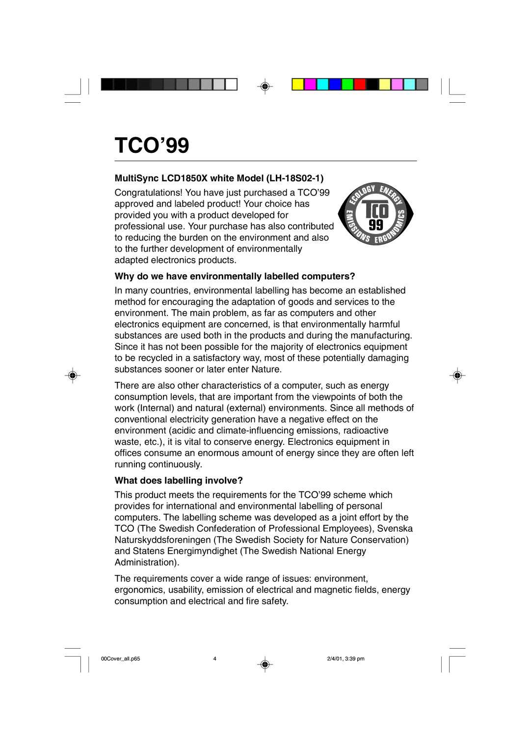 NEC user manual TCO’99, MultiSync LCD1850X white Model LH-18S02-1, Why do we have environmentally labelled computers? 