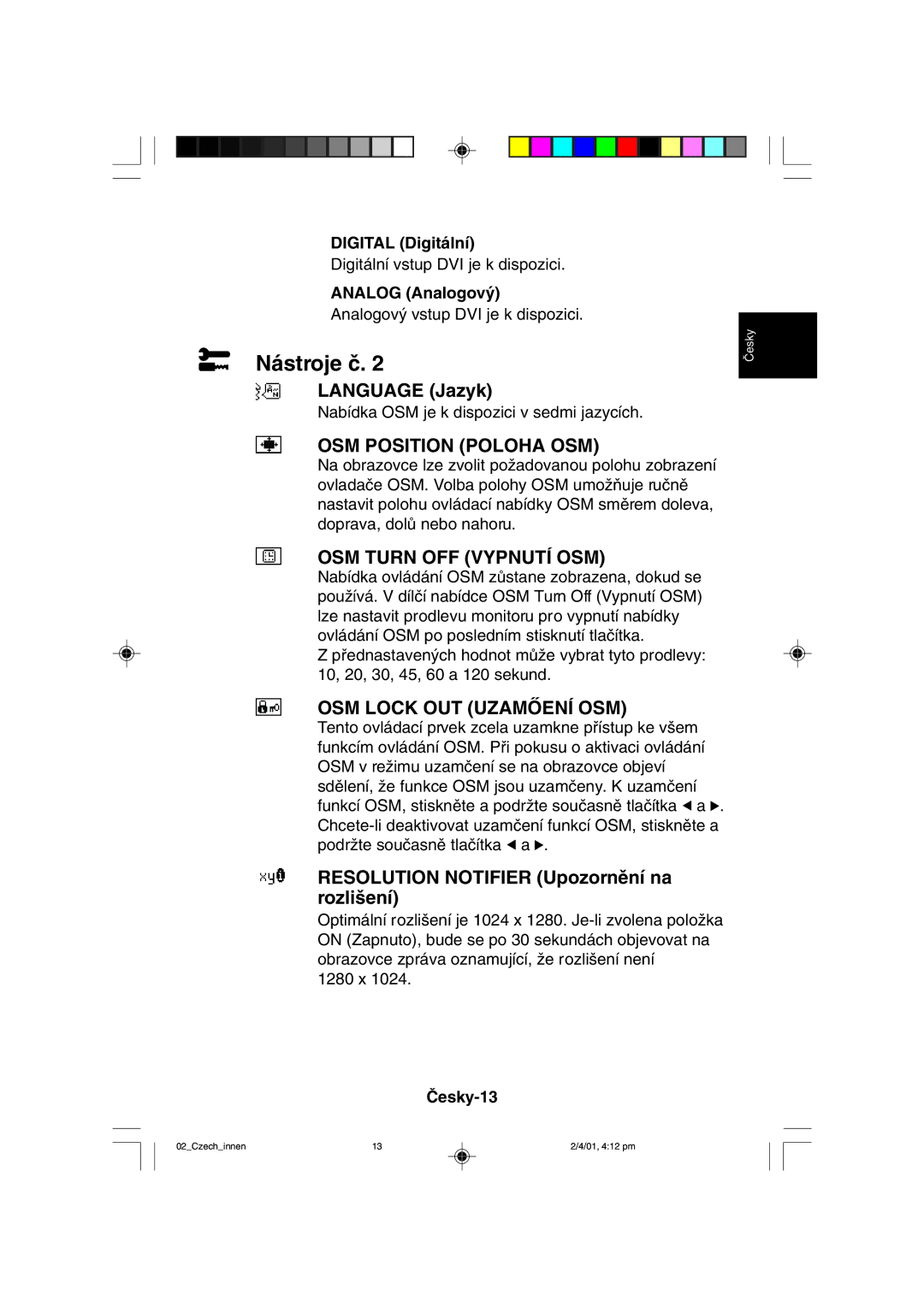 NEC LCD1850X user manual OSM Position Poloha OSM 