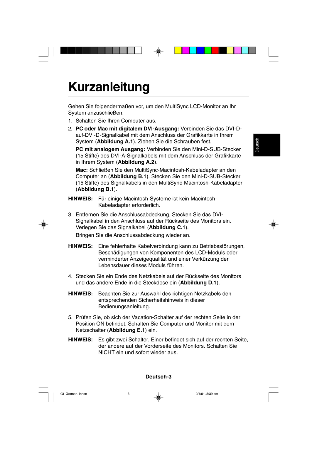 NEC LCD1850X user manual Kurzanleitung, Deutsch-3 