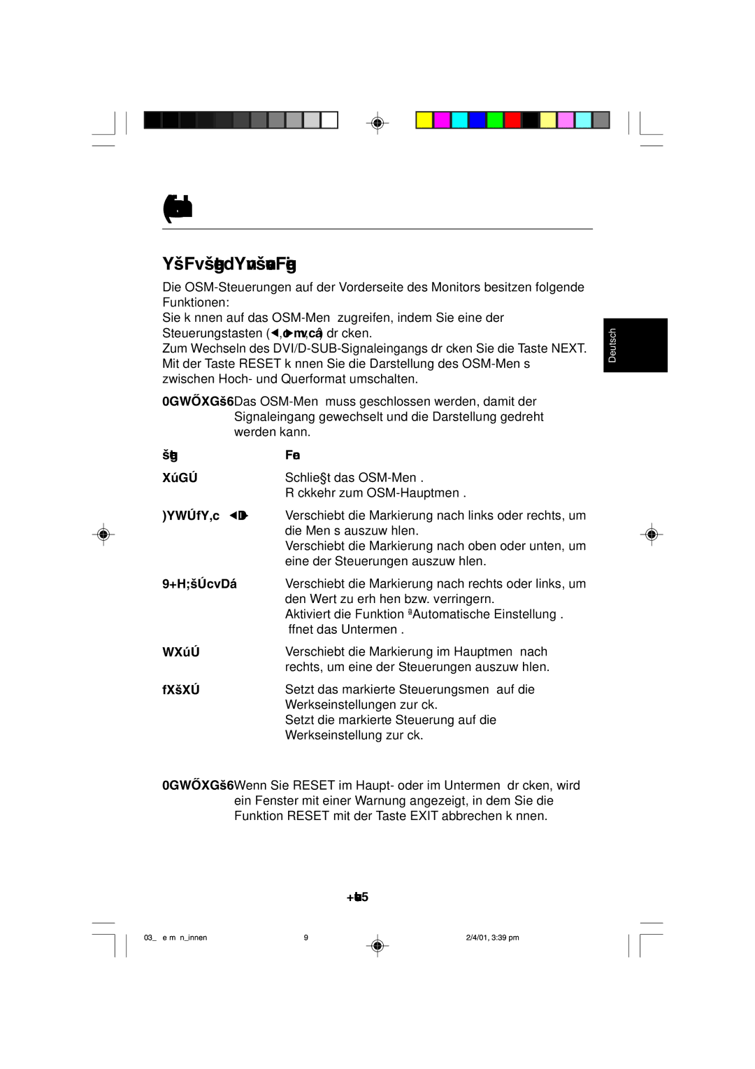 NEC LCD1850X user manual Bedienelemente, OSM-Steuerungen On-Screen-Manager, Menü, Deutsch-9 