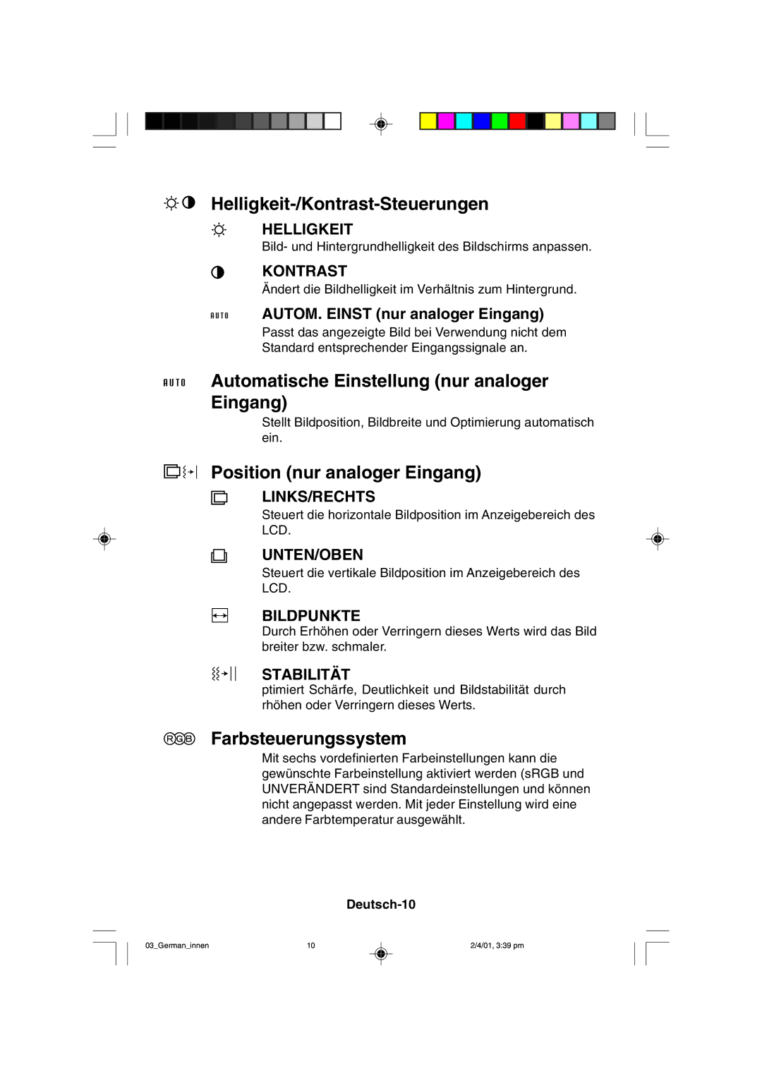 NEC LCD1850X Helligkeit-/Kontrast-Steuerungen, Automatische Einstellung nur analoger Eingang, Farbsteuerungssystem 