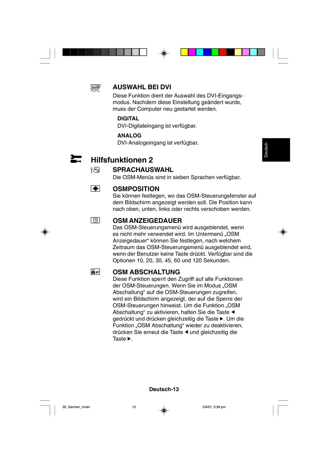 NEC LCD1850X user manual Auswahl BEI DVI, Sprachauswahl, Osmposition, OSM Anzeigedauer, OSM Abschaltung 