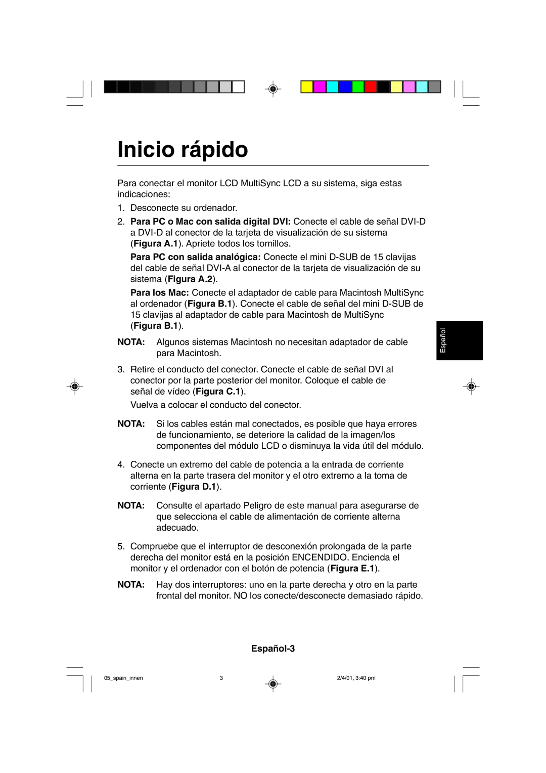 NEC LCD1850X user manual Inicio rápido, Español-3 