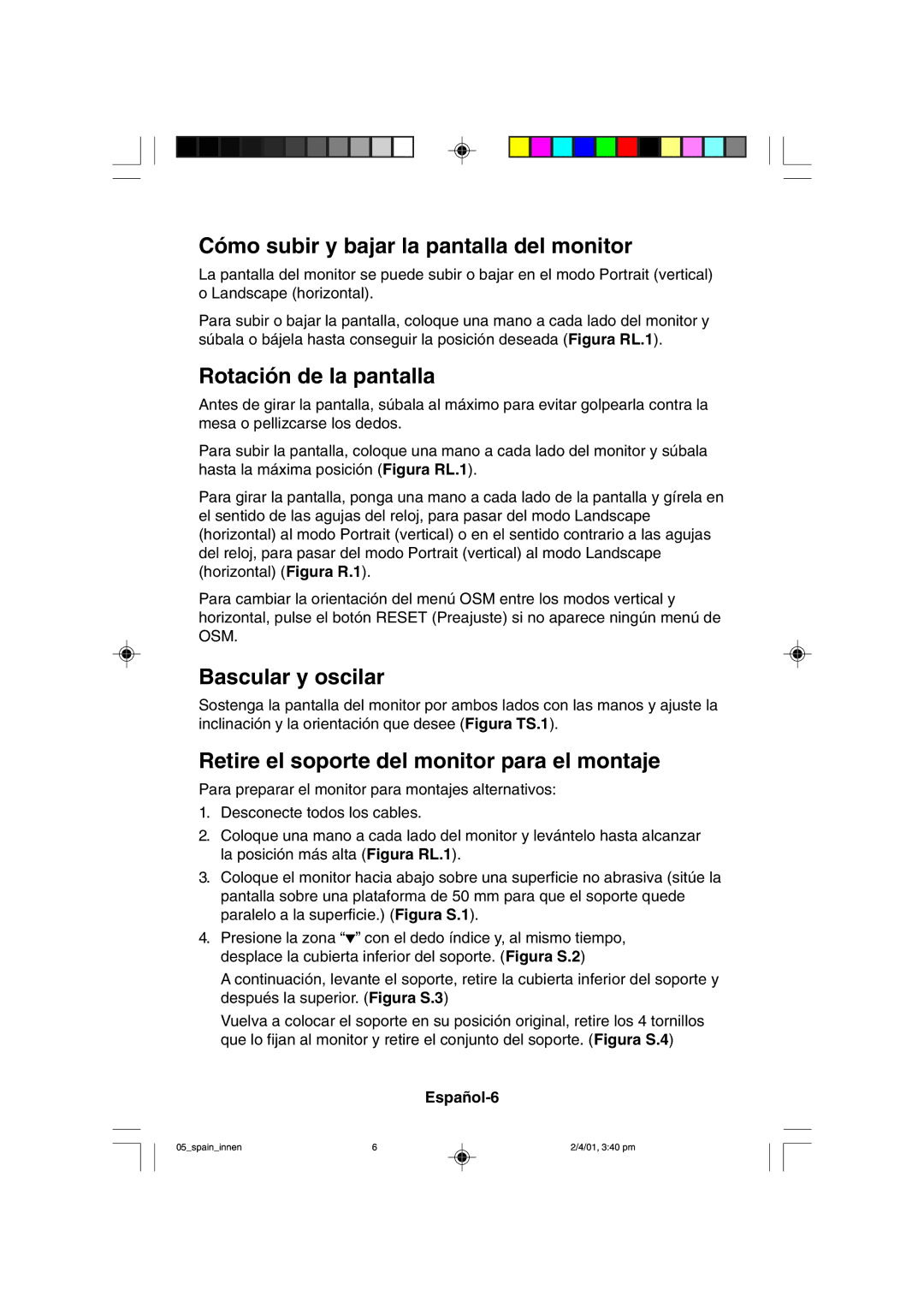 NEC LCD1850X user manual Cómo subir y bajar la pantalla del monitor, Rotación de la pantalla, Bascular y oscilar, Español-6 