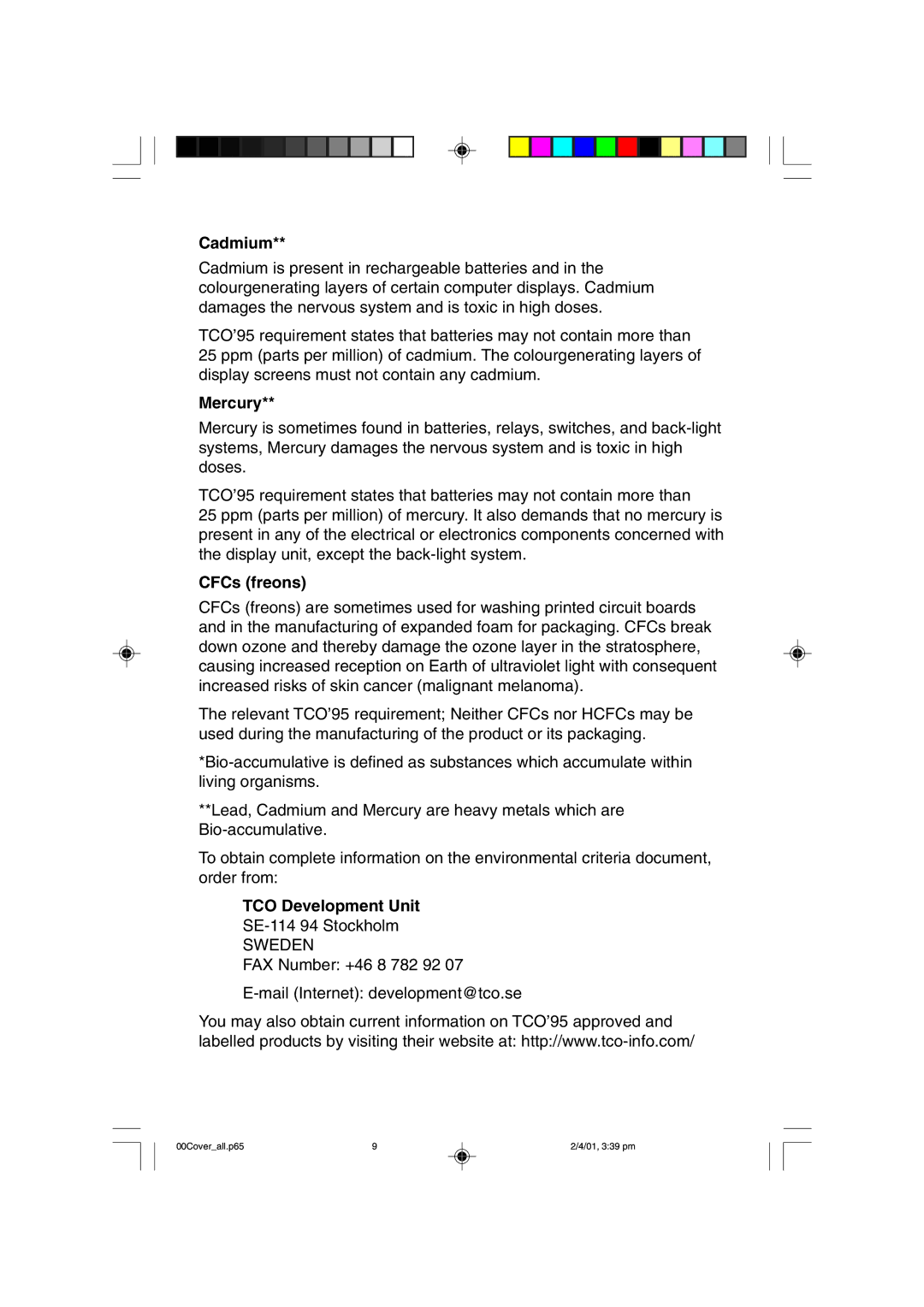 NEC LCD1850X user manual Cadmium, CFCs freons 