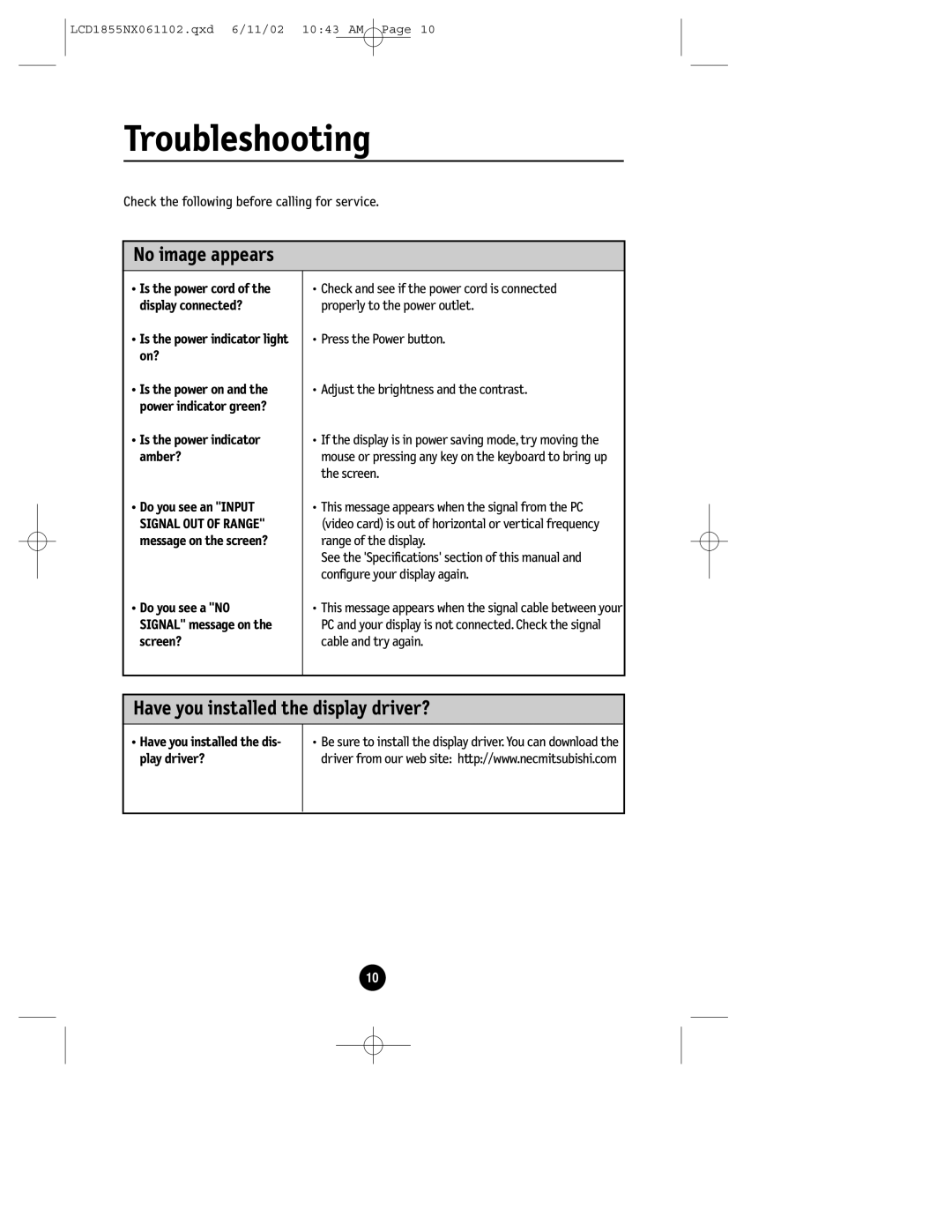 NEC LCD1855NX manual Troubleshooting, No image appears, Have you installed the display driver? 