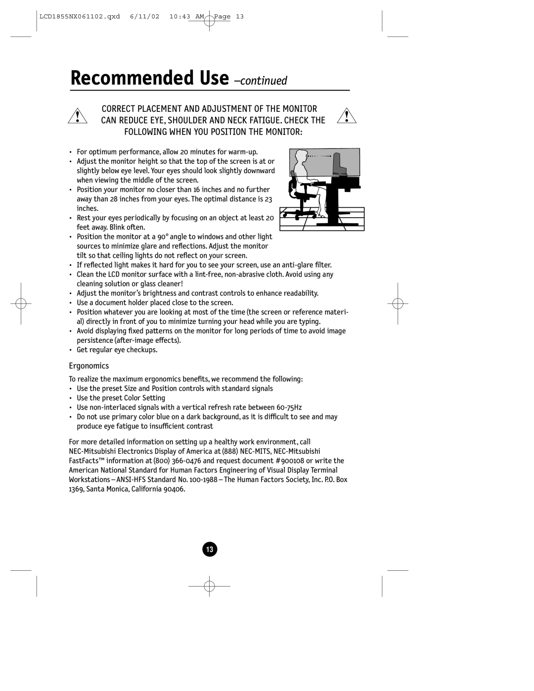 NEC LCD1855NX manual Ergonomics 