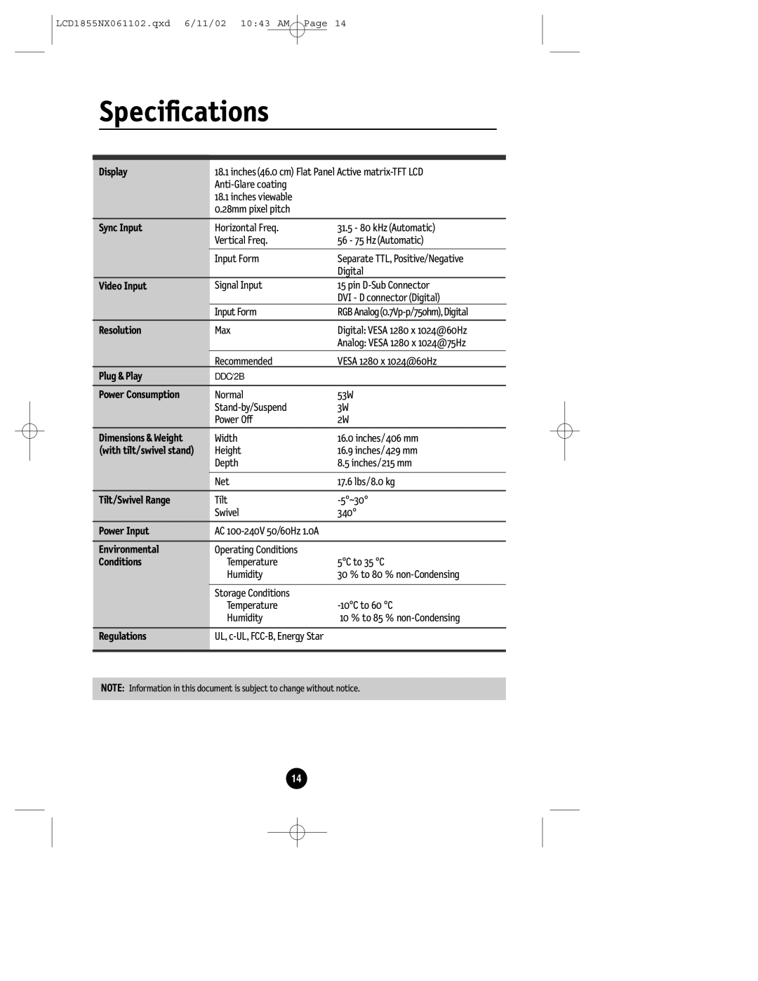 NEC LCD1855NX manual Specifications 