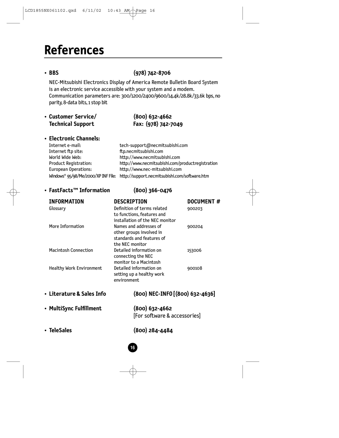 NEC LCD1855NX manual References, Document # 