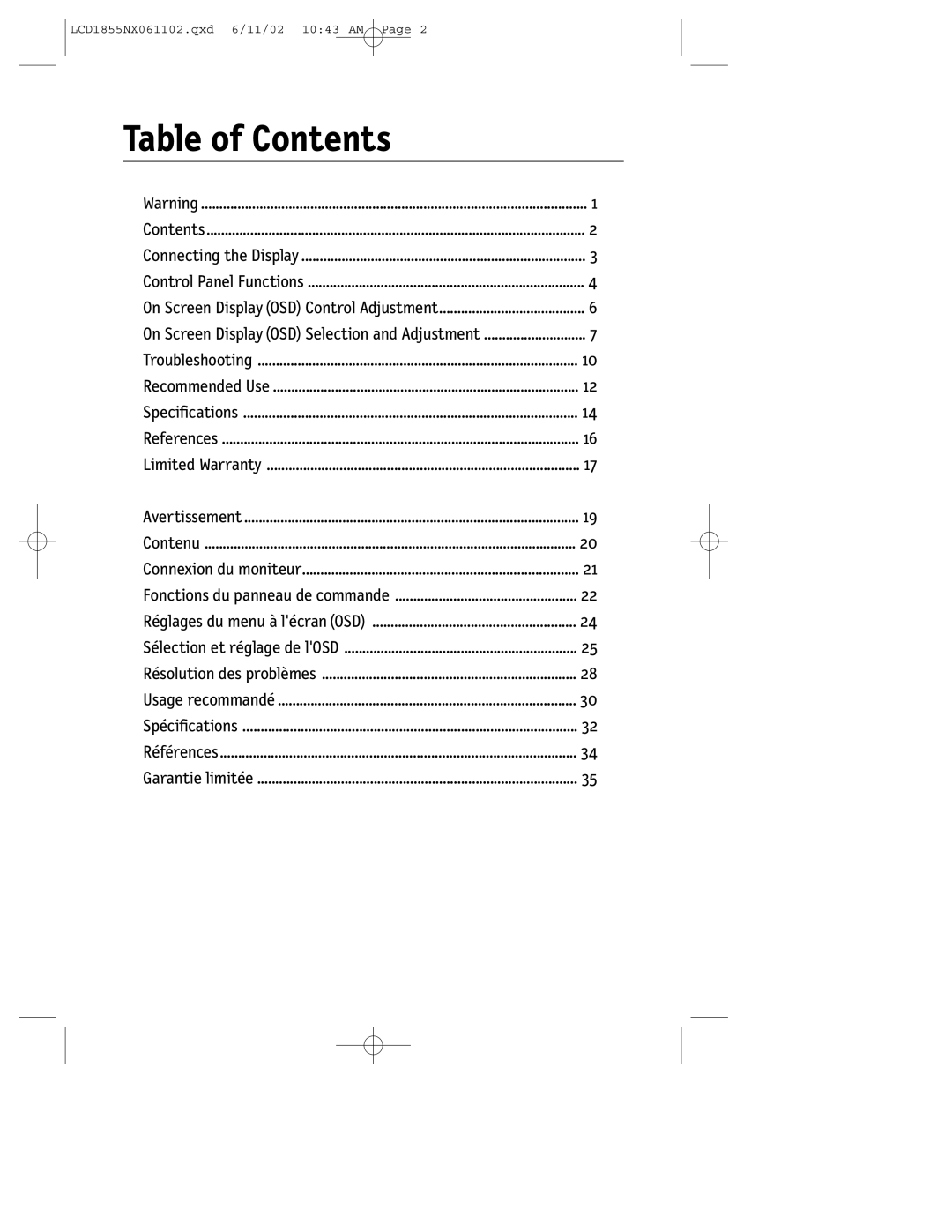 NEC LCD1855NX manual Table of Contents 