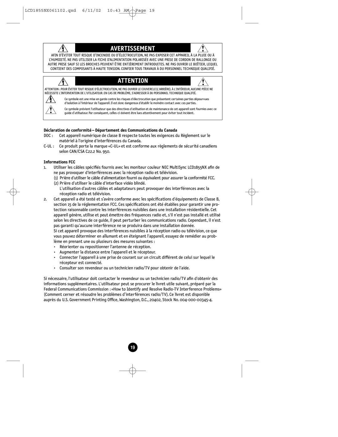 NEC LCD1855NX manual Avertissement 