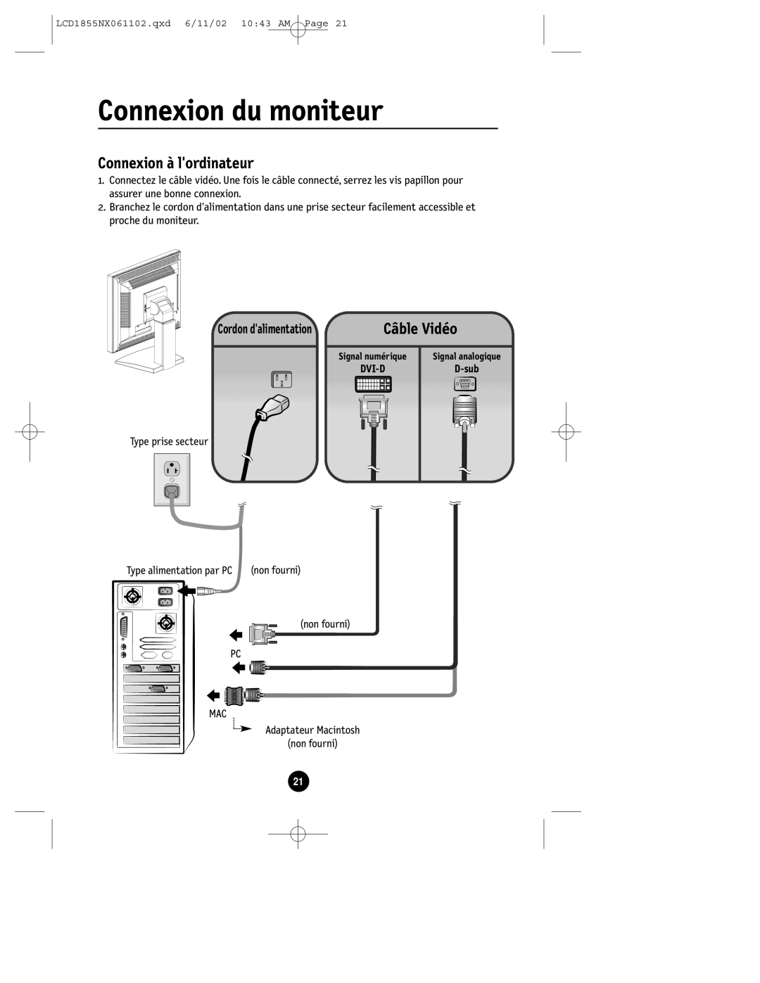 NEC LCD1855NX manual Connexion du moniteur, Connexion à lordinateur 