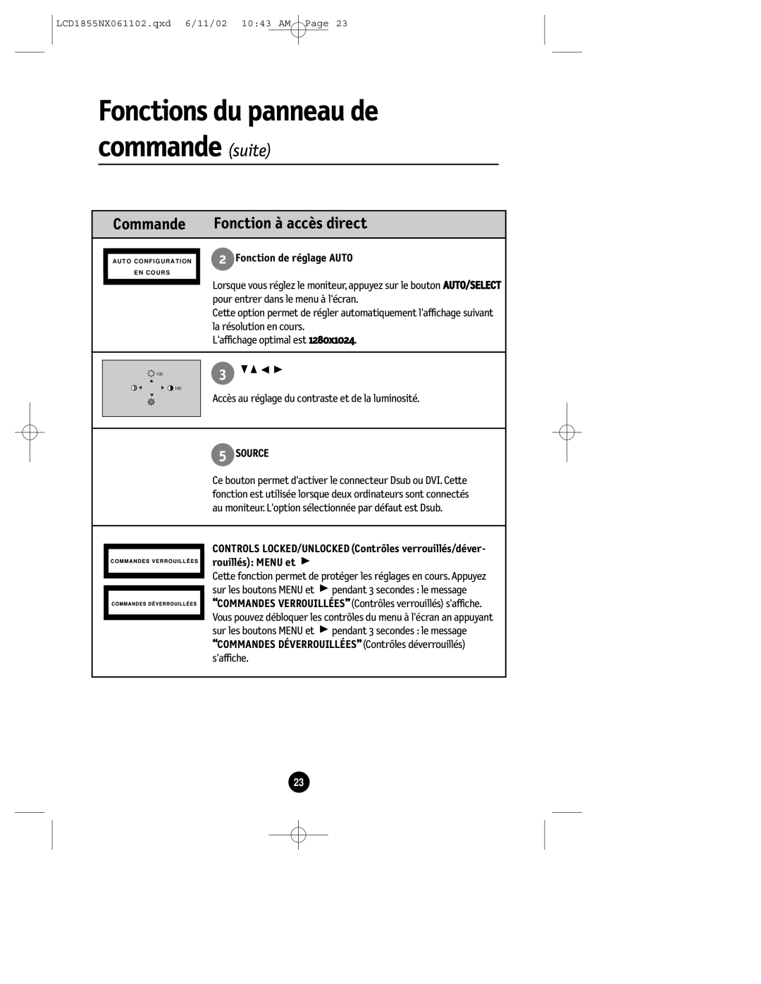 NEC LCD1855NX manual Fonctions du panneau de commande suite, Commande Fonction à accès direct, Fonction de réglage Auto 