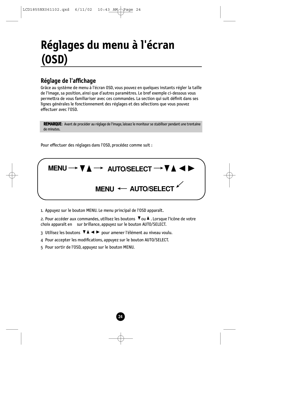 NEC LCD1855NX manual Réglages du menu à lécran OSD, Réglage de laffichage 