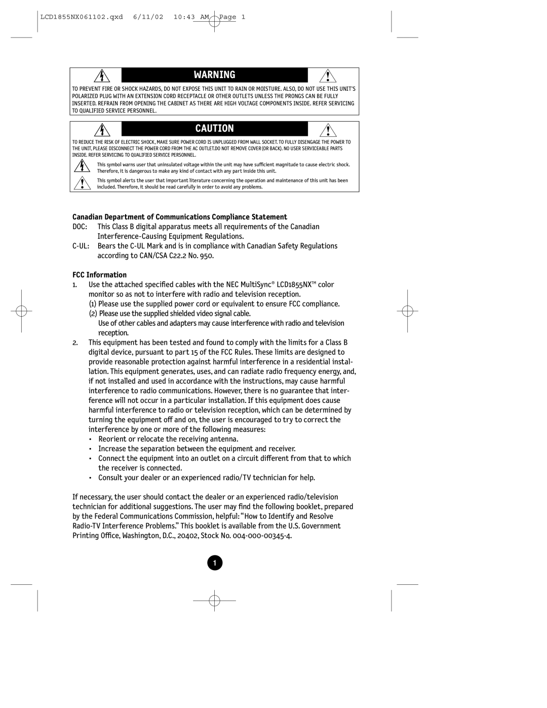 NEC LCD1855NX manual Canadian Department of Communications Compliance Statement, FCC Information 