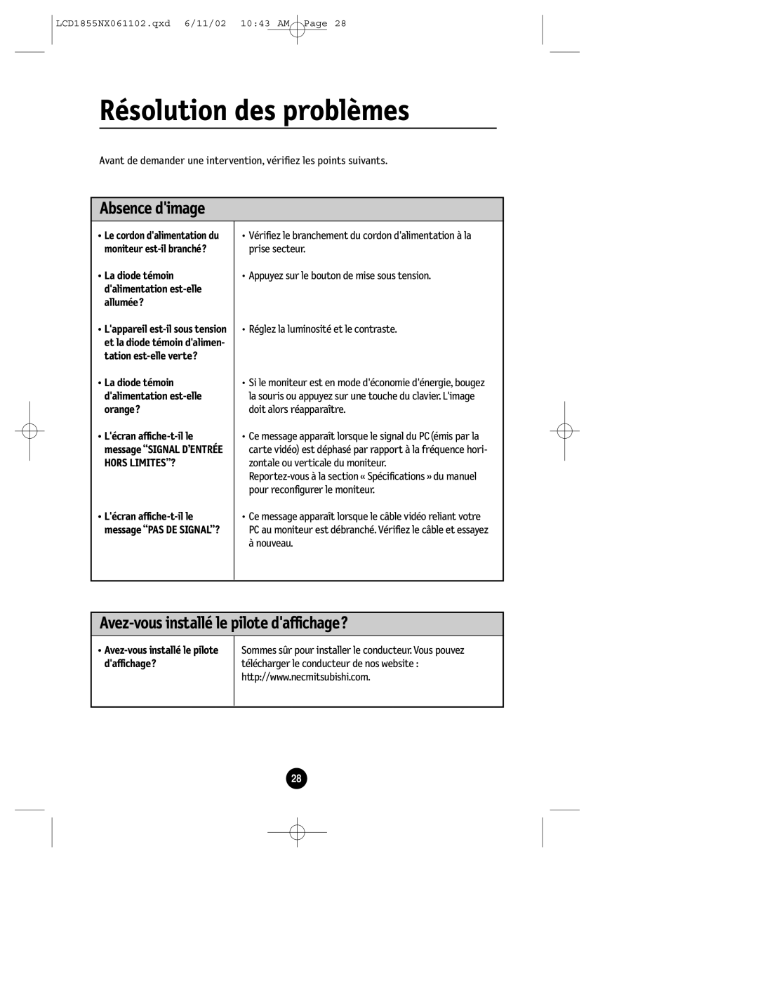 NEC LCD1855NX manual Résolution des problèmes, La diode témoin dalimentation est-elle allumée? 