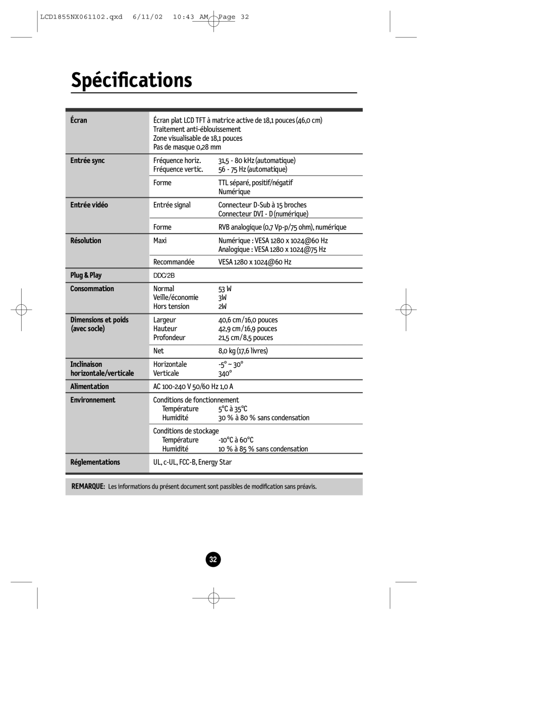 NEC LCD1855NX manual Spécifications 