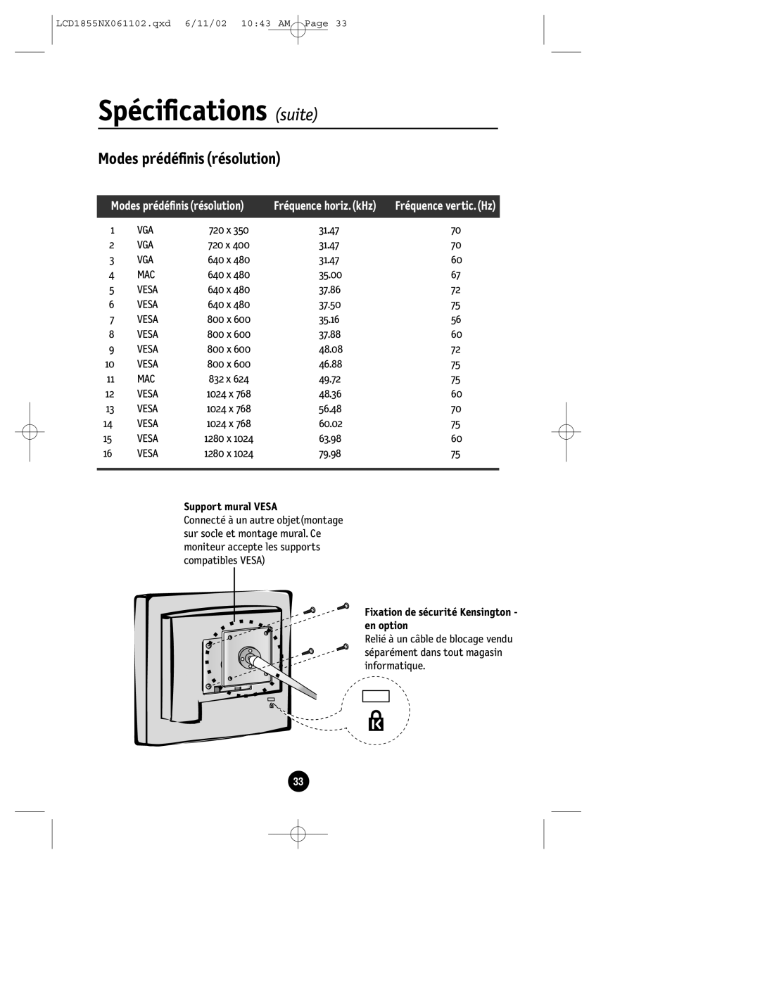 NEC LCD1855NX manual Spécifications suite, Modes prédéfinis résolution, Support mural Vesa 