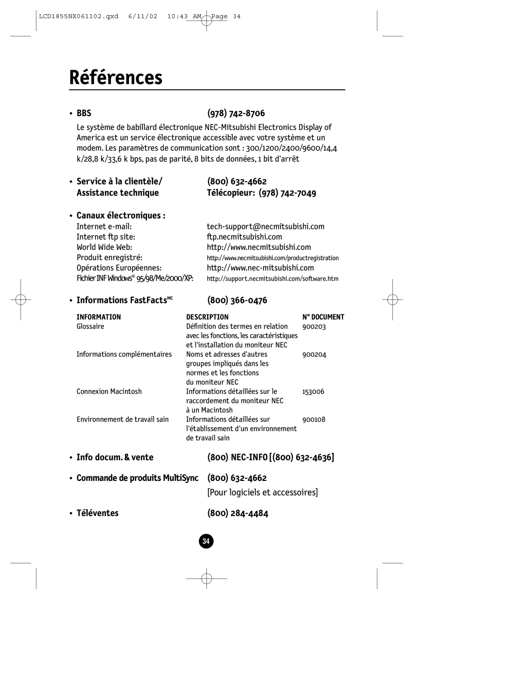 NEC LCD1855NX manual Références, Information Description 