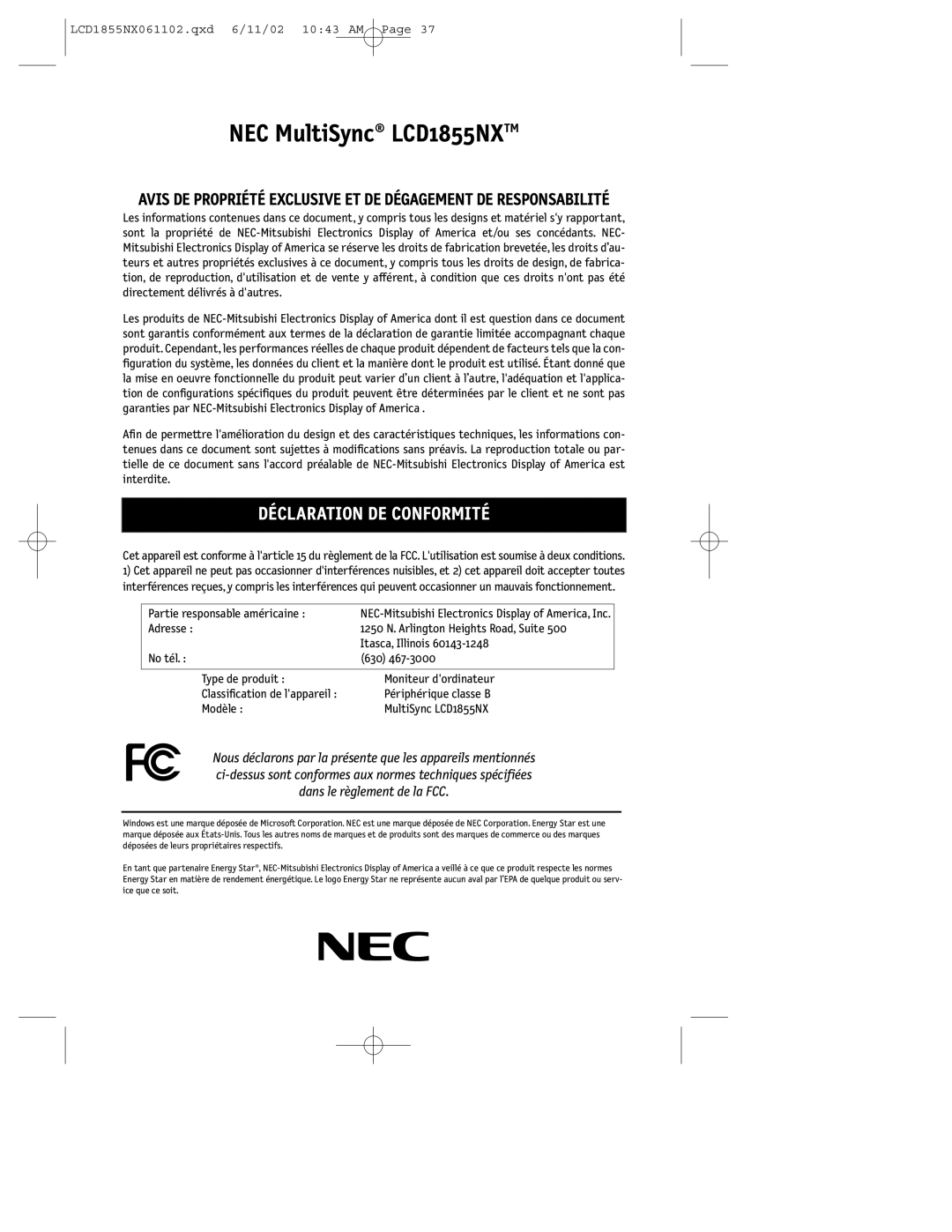 NEC manual NEC MultiSync LCD1855NXTM 