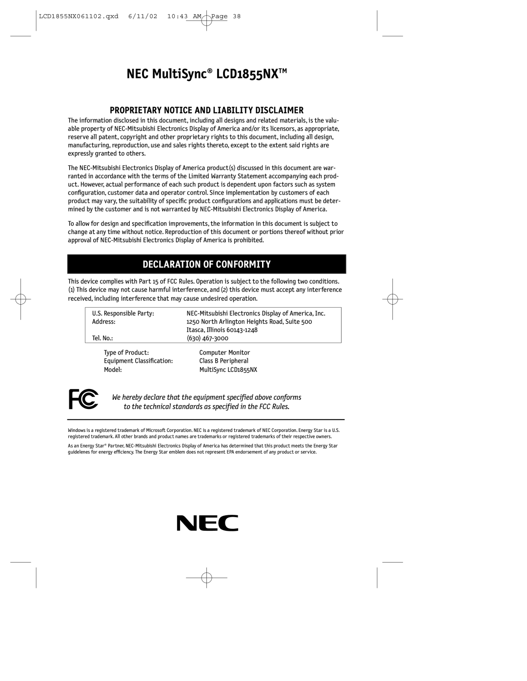 NEC LCD1855NX manual Declaration of Conformity 