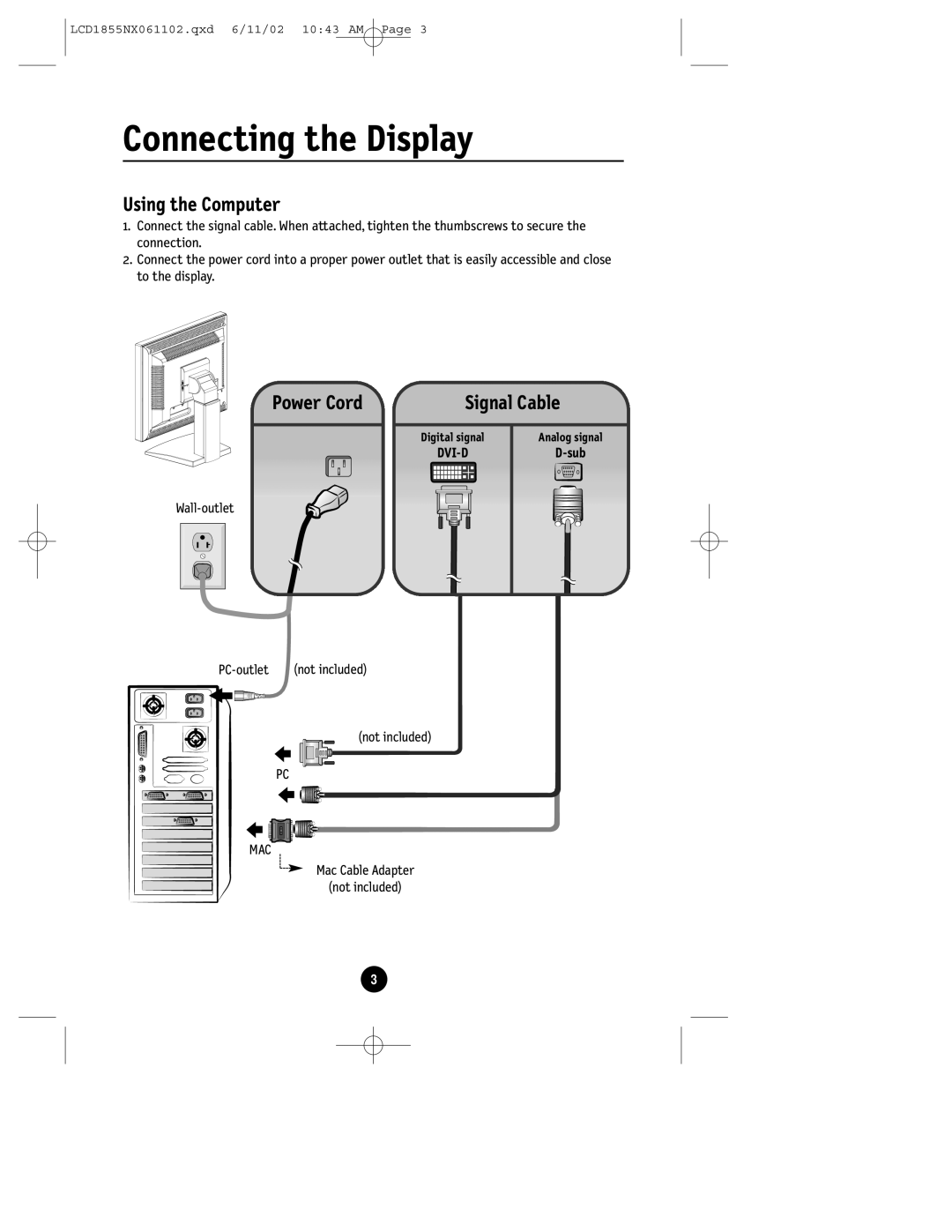 NEC LCD1855NX manual Power Cord, Dvi-D, Sub 