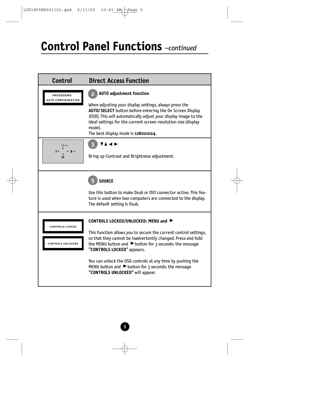 NEC LCD1855NX manual Control Direct Access Function, Auto adjustment function, Source, Controls LOCKED/UNLOCKED Menu 