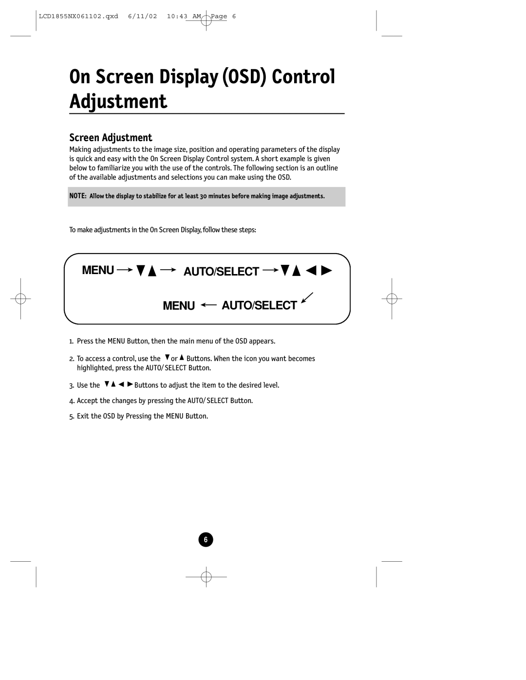 NEC LCD1855NX manual On Screen Display OSD Control Adjustment, Screen Adjustment 