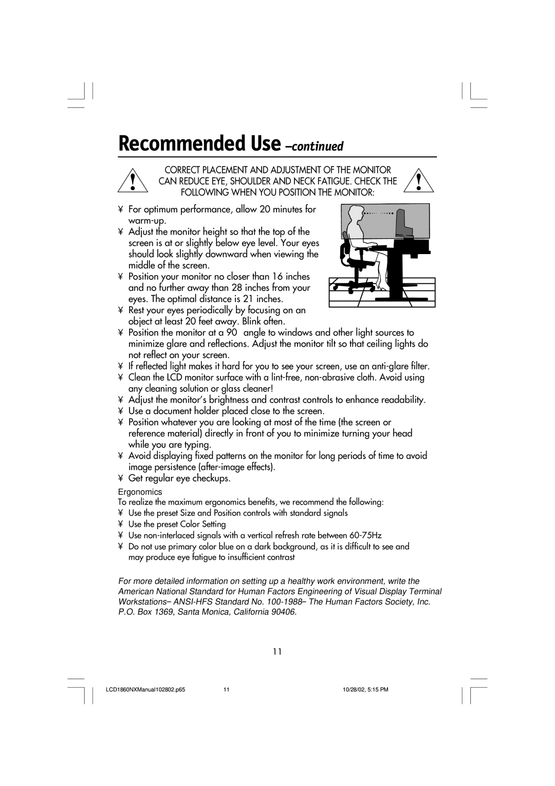 NEC L182R4, LCD1860NX manual Ergonomics 