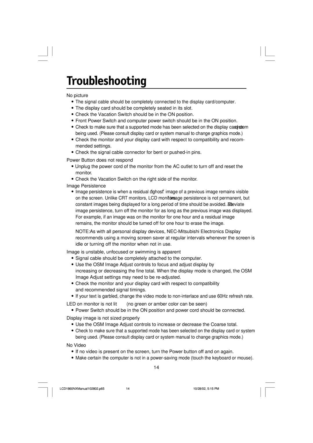 NEC LCD1860NX, L182R4 manual Troubleshooting, No picture 