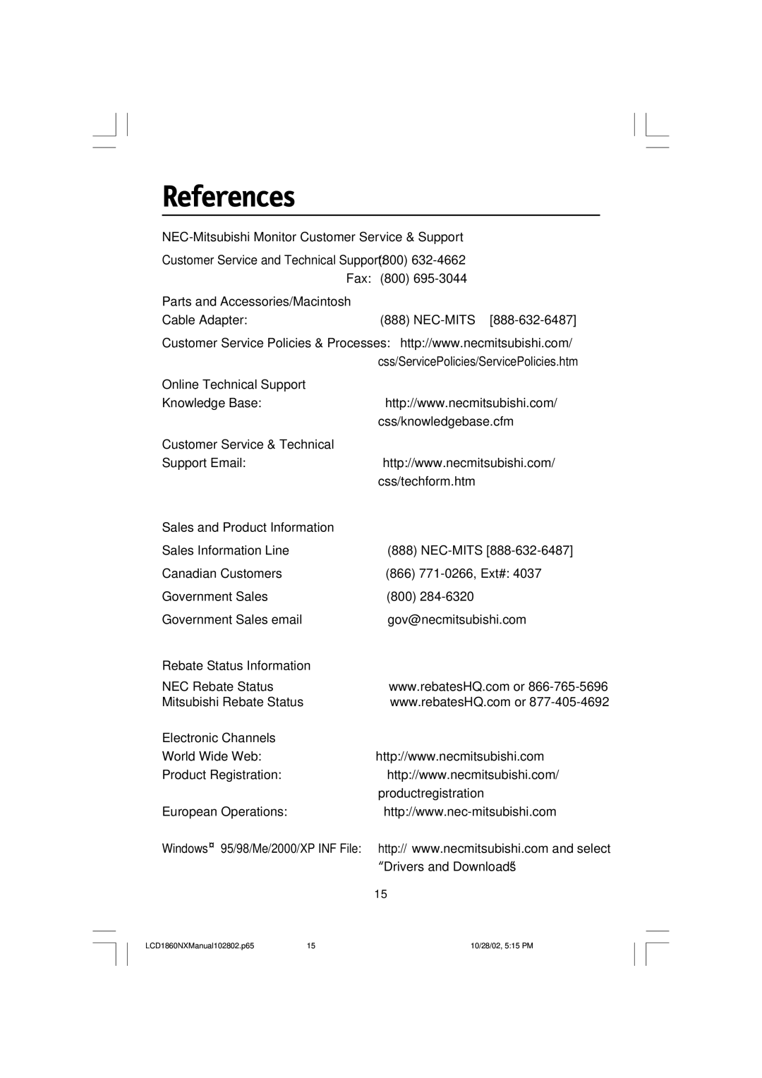 NEC L182R4, LCD1860NX manual References, NEC-Mitsubishi Monitor Customer Service & Support 