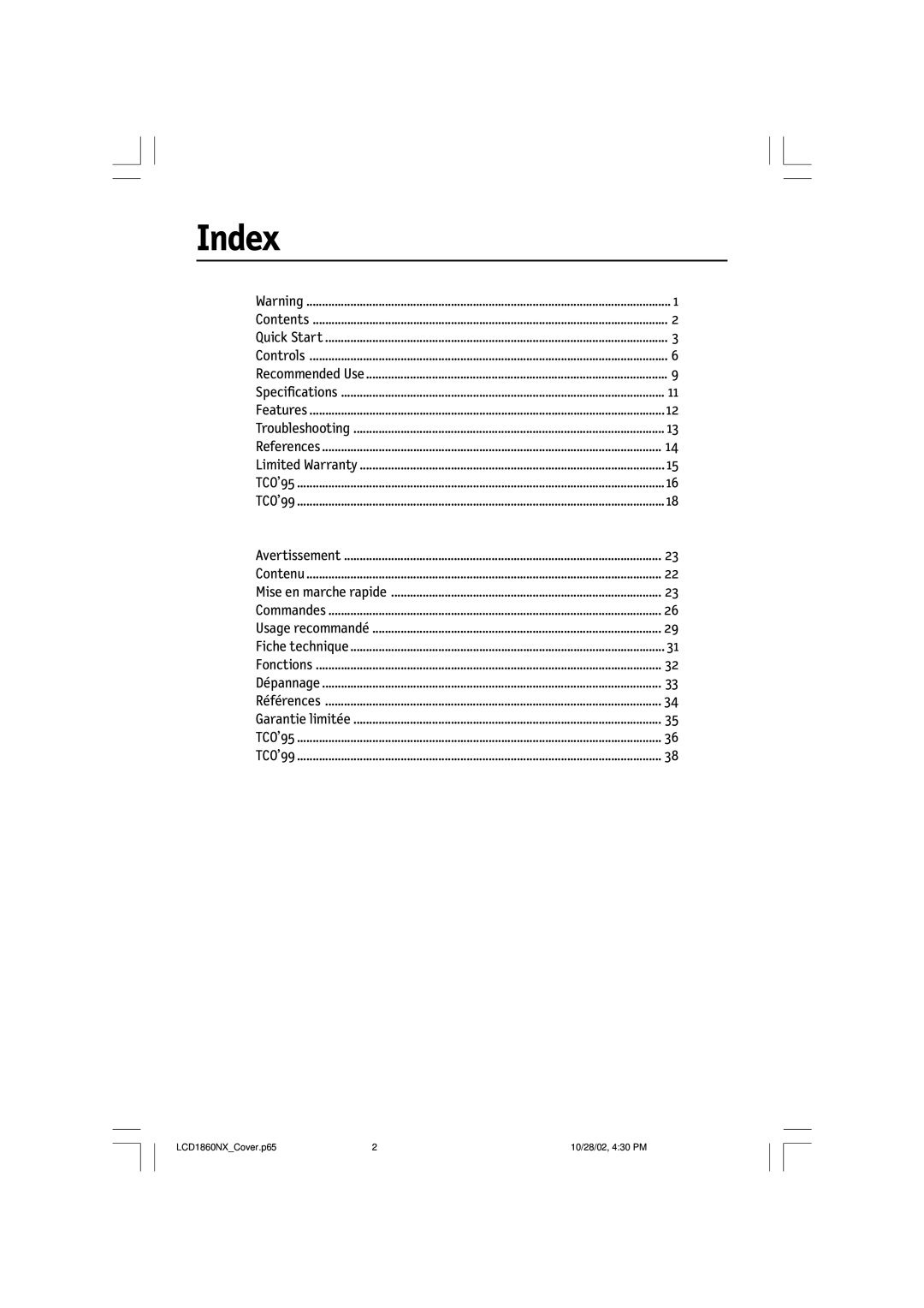 NEC LCD1860NX, L182R4 manual Index 